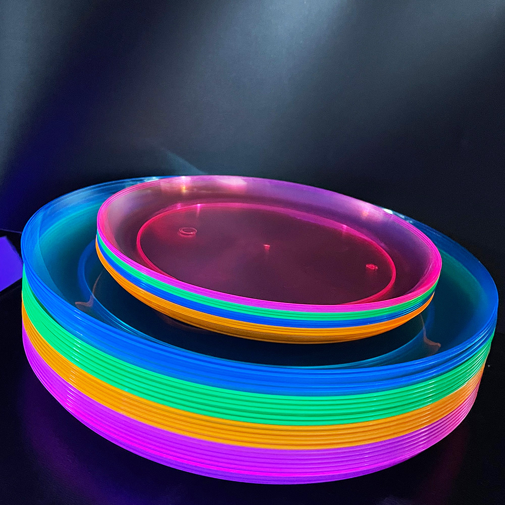 Cake Board Round - 32枚入り ネオンブラックライトパーティープレート ブラックライトUVグローインザダークパーティー ハードプラスチック製 10インチ丸型デザートプレート アソート