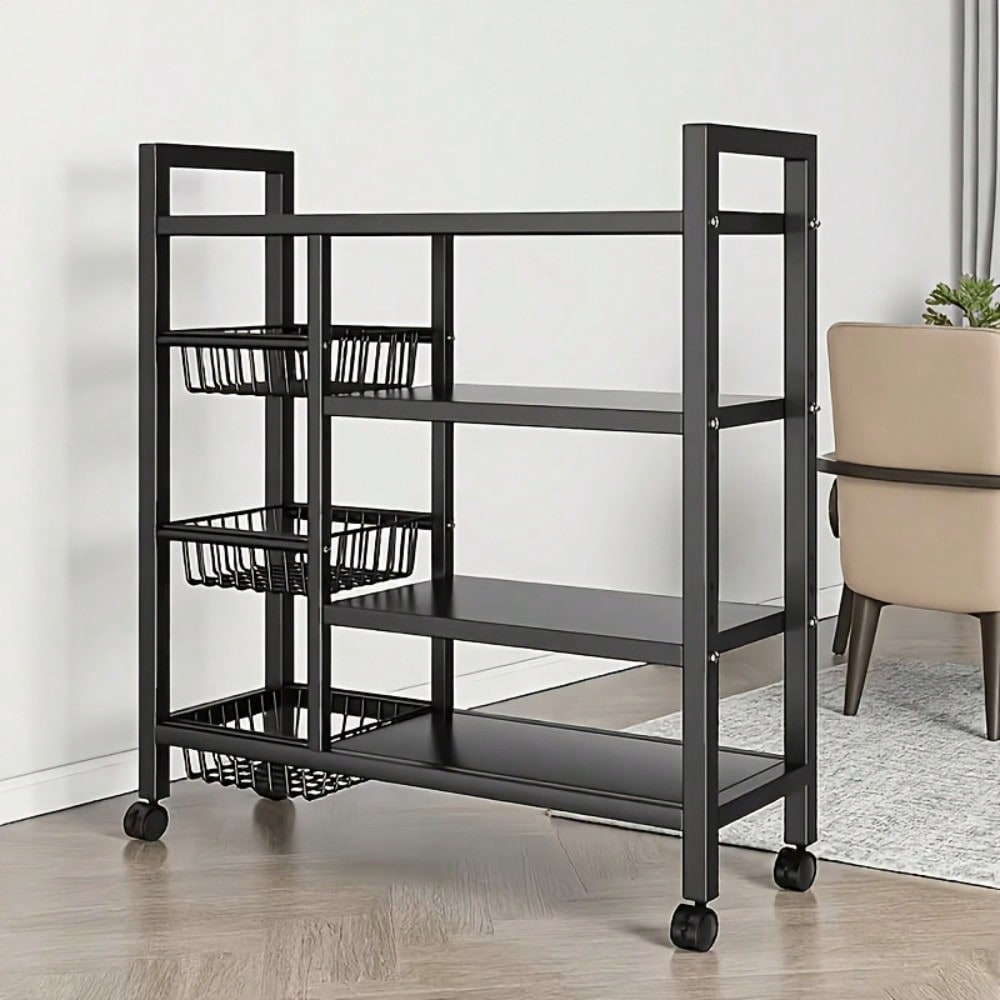 Kitchen Baking Island - 可動式キッチン収納ラック（大型メタルメッシュバスケットと電子レンジホルダー付き）– カウンタートップ、パントリー、またはアイランド用の多機能ベーキング＆整理スタンド – コンパクトな省スペース設計、防錆仕上げ、組み立て簡単、家庭用キッチンに最適