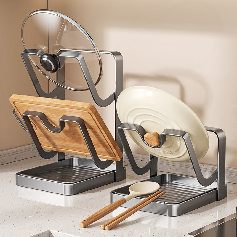 Offset Spatula Set - カウンタートップ用頑丈炭素鋼製鍋蓋ホルダー、多機能キッチンラック（まな板、スパチュラ、鍋蓋用）、水切りトレイ付き