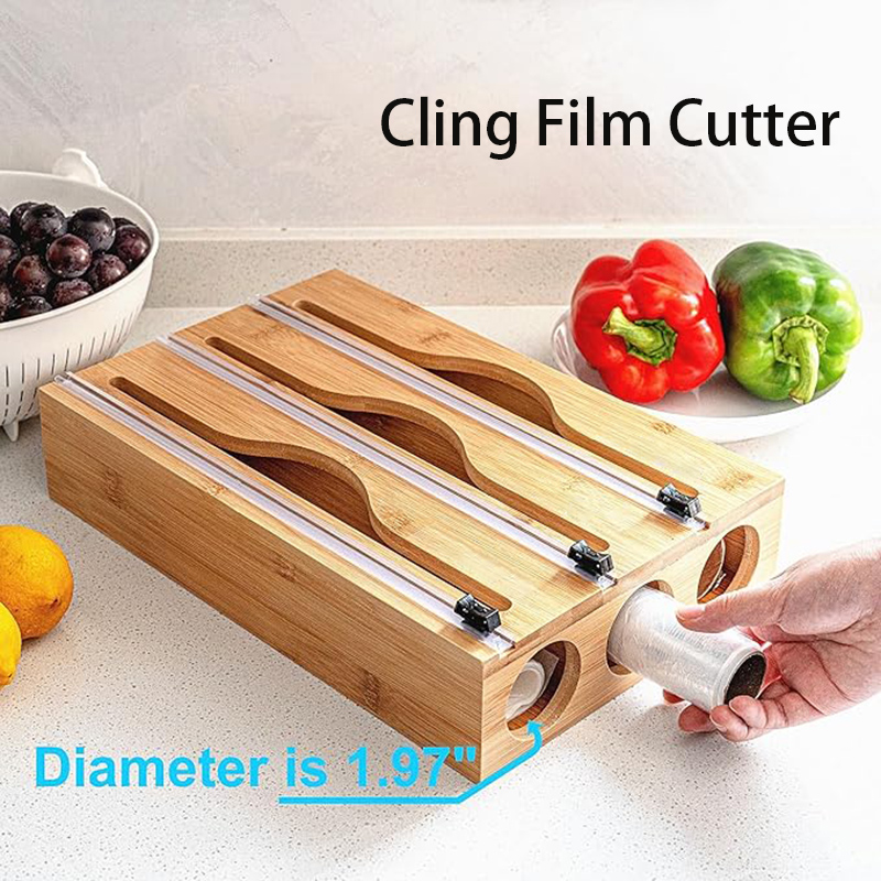Kitchen Baking Tray Organizer - 3 in 1竹製ホイルラップカッティングボックス壁掛け収納バッグオーガナイザー家庭用キッチン包装ディスペンサーカッティングボックス