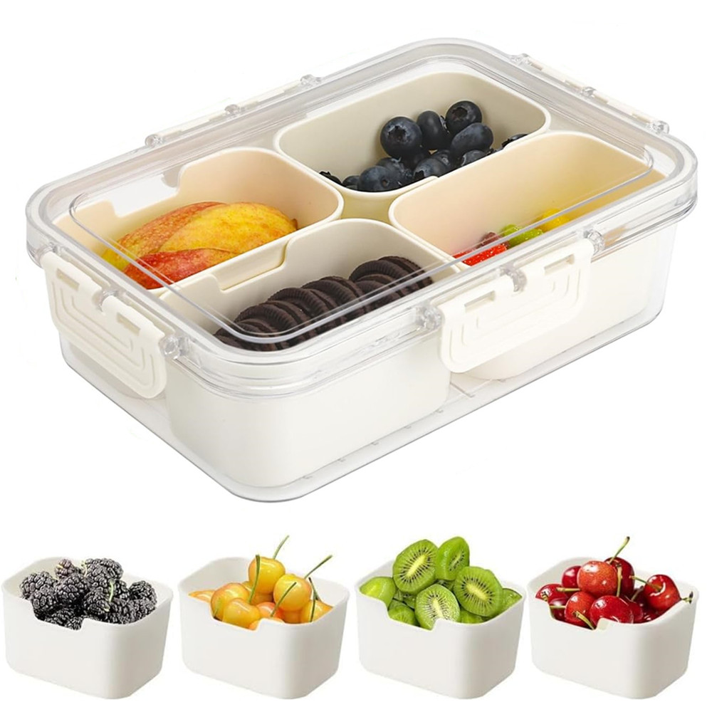 Kitchen Baking Tray Organizer - ポータブル食品保存箱、スナック収納ボックス、蓋付き4つのコンパートメント、独立したサービングトレイ、キッチン用スナックボックス、フルーツフードコンテナ