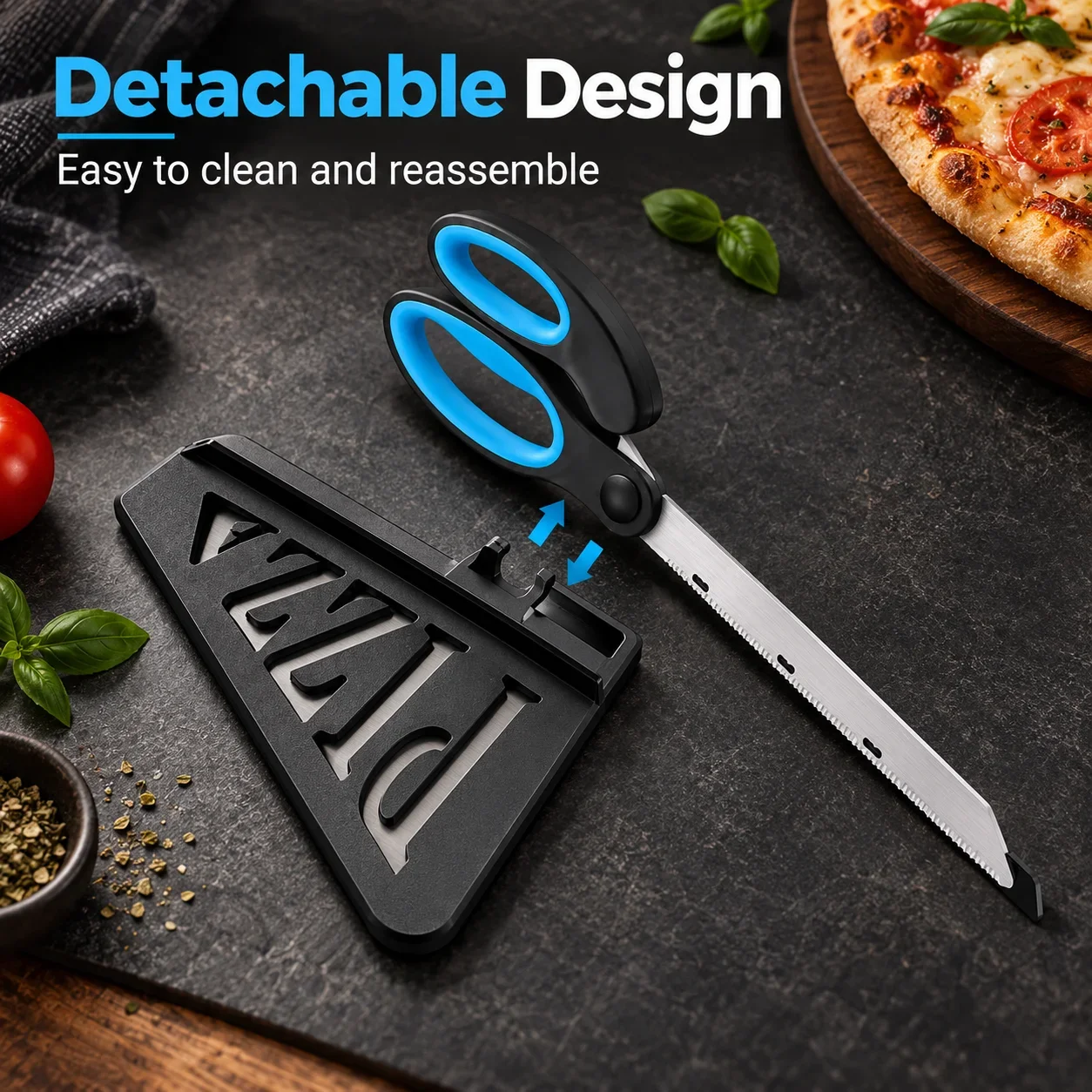 Kitchen Shears In Baking - ステンレス製、刃が取り外し可能なピザ用ハサミ。ピザ用ヘラ付きで、キッチンで使える多機能のカッティングツール。