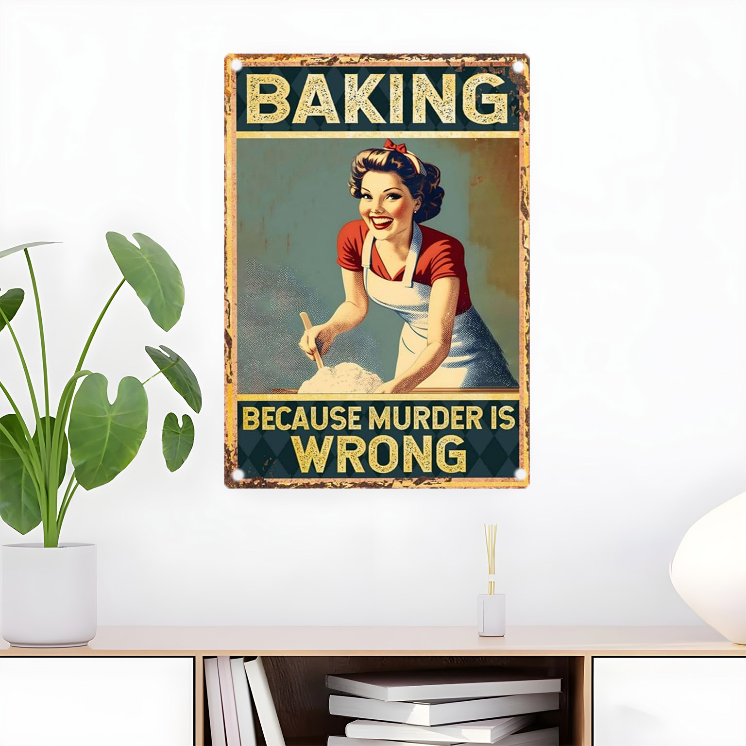 Kitchen Baking Wall Art - ヴィンテージ風面白いベーキングの名言メタルウォールデコレーションサイン - 「殺人は間違っているのでベーキングをする」レトロキッチンウォールアート（ベーカー向け）