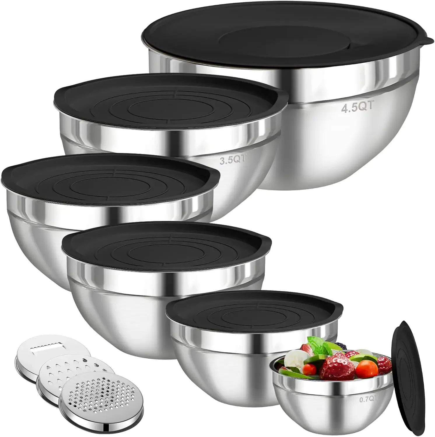 Kitchen Baking Cooking - 6個セット ステンレス製ミキシングボウル 密閉蓋付き 3種類のグレーター付き 重ねて収納可能 食品保存