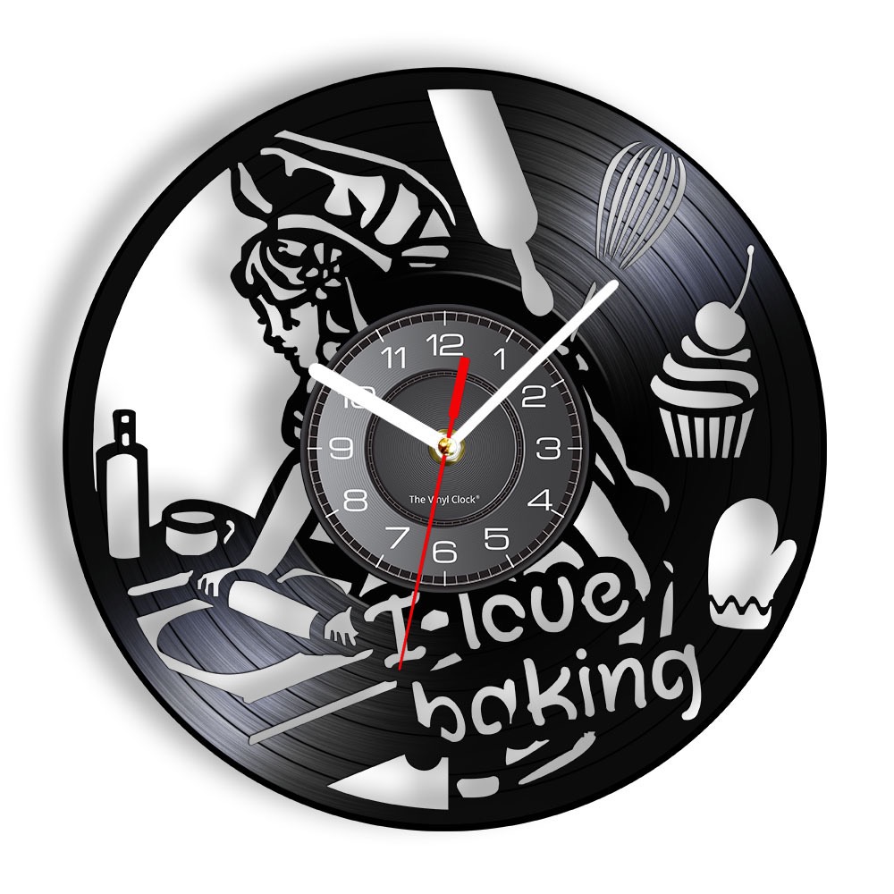 Kitchen And Baking Life - ベーキングビニールレコードウォールクロック 「I Love Baking」キッチンデコレーション シェフ 泡立て器