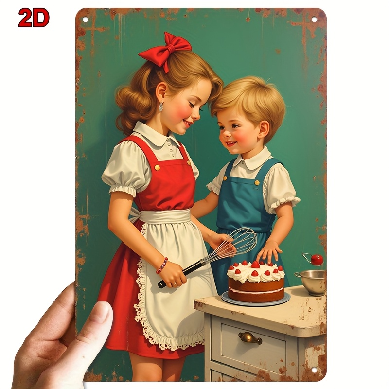 8x12インチ メタルブリキ看板 兄妹がベイクしたイチゴケー - Kitchen Baking Wall Art のレビューと価格