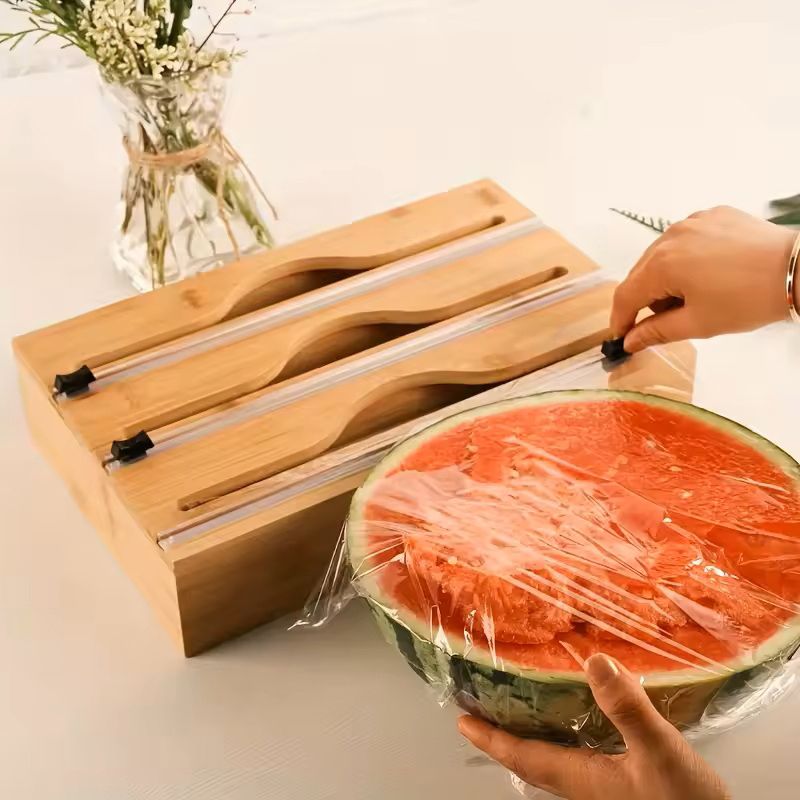 3 in 1竹製ホイルラップカッティングボックス壁掛け収納バ - Kitchen Baking Tray Organizer のレビューと価格