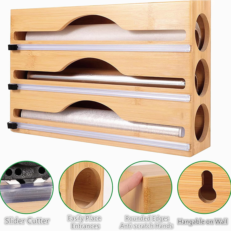 3 in 1竹製ホイルラップカッティングボックス壁掛け収納バ - Kitchen Baking Tray Organizer のレビューと価格