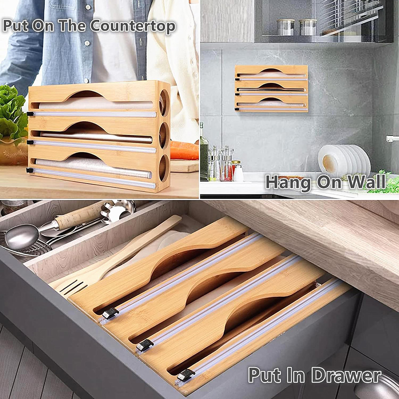 3 in 1竹製ホイルラップカッティングボックス壁掛け収納バ - Kitchen Baking Tray Organizer のレビューと価格