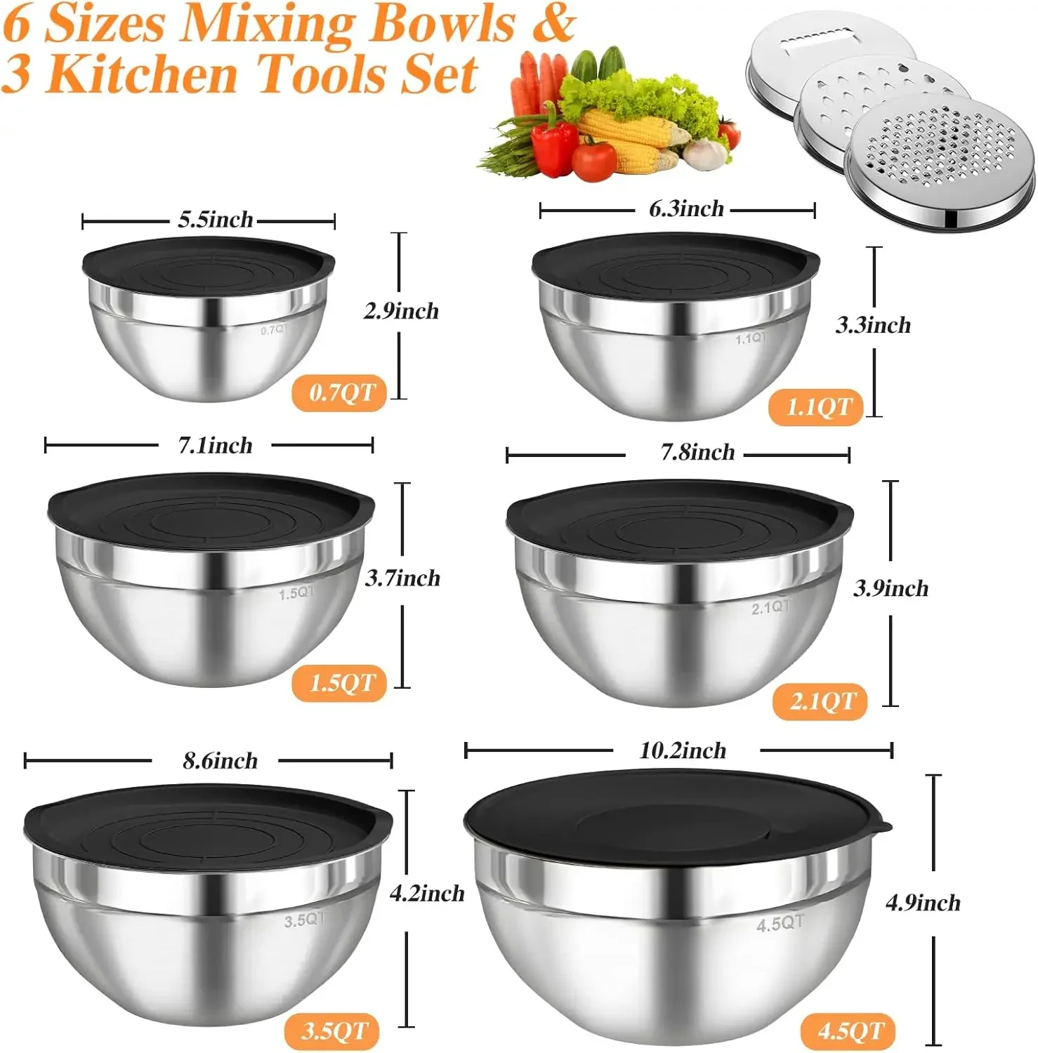 6個セット ステンレス製ミキシングボウル 密閉蓋付き 3種類 - Kitchen Baking Cooking のレビューと価格